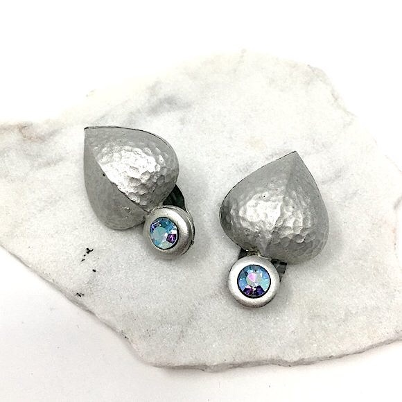 Hammered Silver Tone Steel Heart and Iridescent Rhinestone Clip On Earrings - Picture 5 of 14